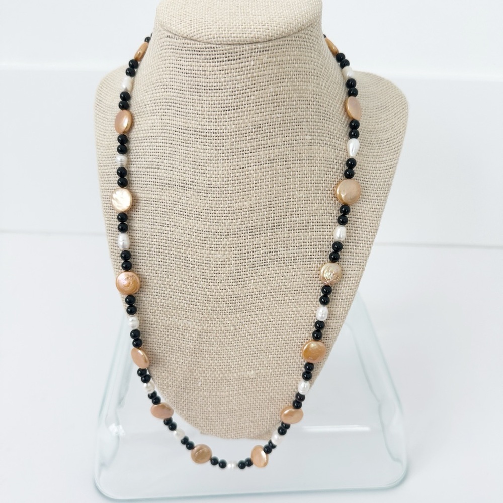 NWT Genuine Black Onyx & Pearls Necklace Black Bronze White